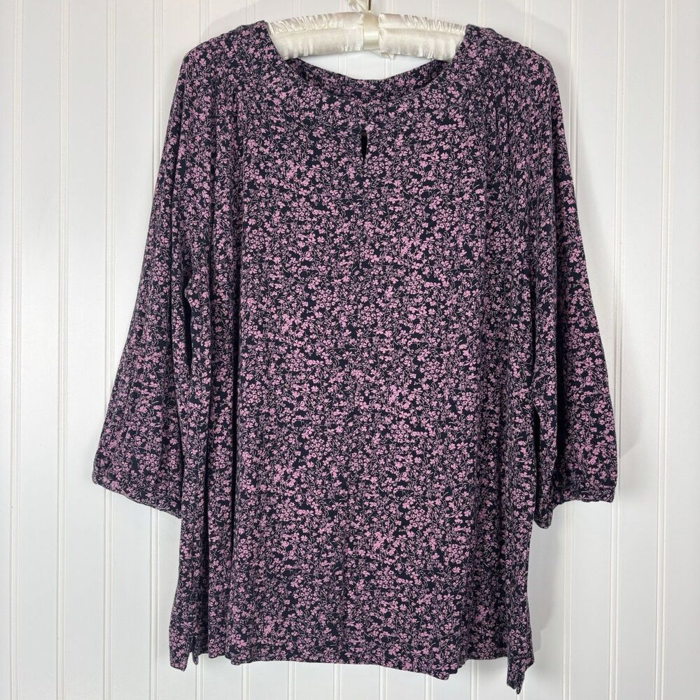 J. Jill Womens Ditsy Floral 3/4 Sleeve Tunic Top Size L Pink Navy Cottage Boho